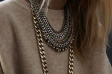 layered chunky and usual chain necklaces with fringe and pearls will make your look unique