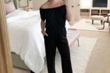 08 a monochromatic black look with an off the shoulder top, wideleg pants, nude shoes and an updo
