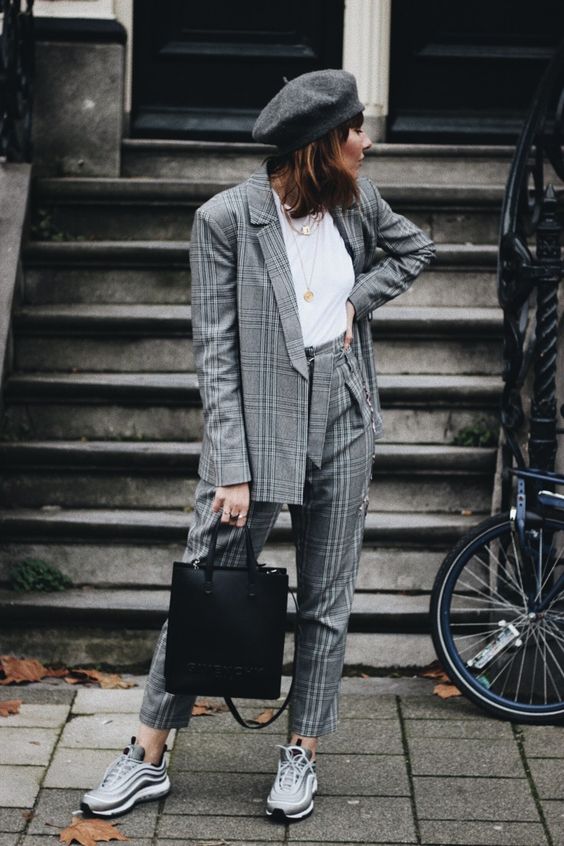 wear a trendy plaid pantsuit with trainers instead of heels to make it look more edgy