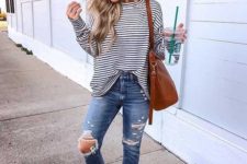 09 a striped top, blue ripped jeans, neutral slipper mules and a brown tote