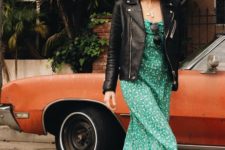 09 a vintage-inspired green botanical print midi dress, a black leather jacket and vintage nude shoes
