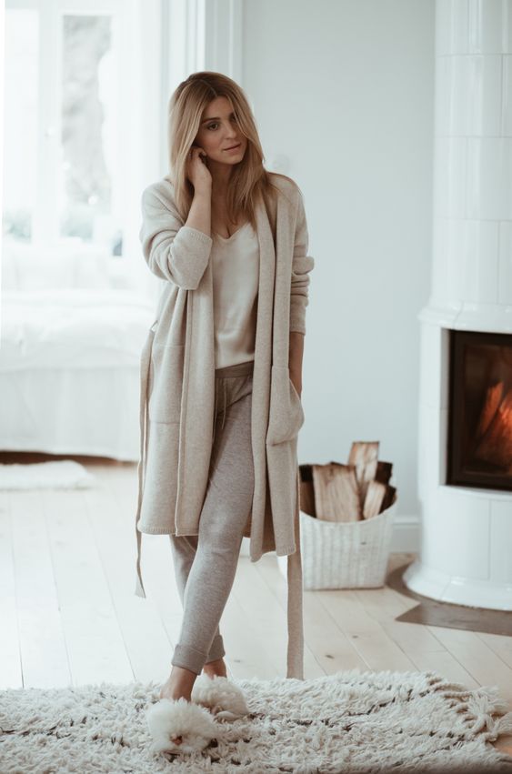 dress up in a neutral way for home - wear a top, joggers, a long cardigan and fluffy slippers