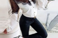 With black leather skinny pants and white pumps