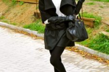 With black mini skirt, white blouse, jacket, bag and pumps