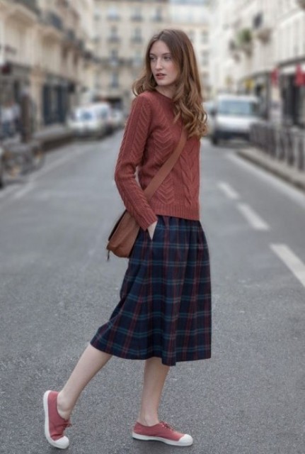 With checked midi skirt, crossbody bag and lace up flat shoes
