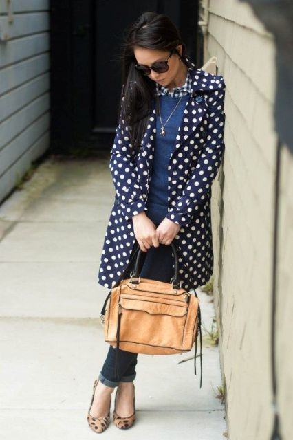 With checked shirt, navy blue sweater, jeans, brown bag and leopard pumps