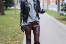 With gray loose sweater, marsala leather pants, black leather jacket and high boots