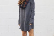 With gray sweater dress, brown hat and plaid scarf