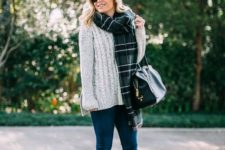 With jeans, gray suede ankle boots, plaid scarf and black bag