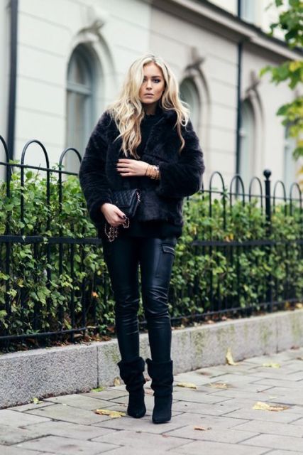 With leather pants, leather chain strap bag and fur jacket