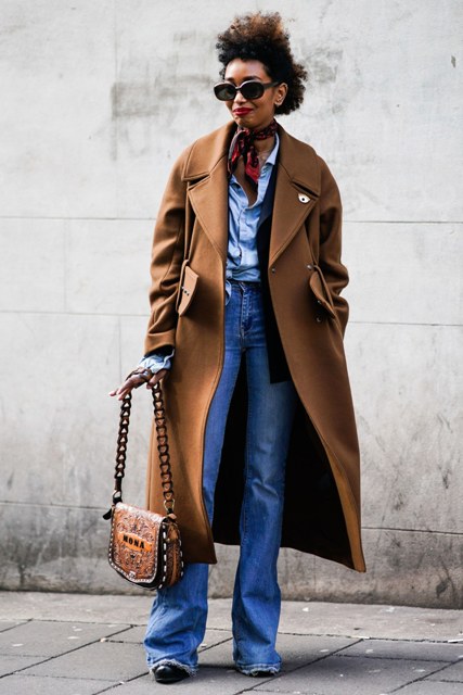 With light blue shirt, scarf, brown midi coat, chain strap bag and shoes
