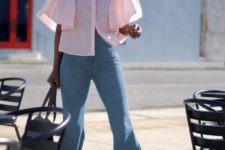 With pale pink cropped blouse and tote bag