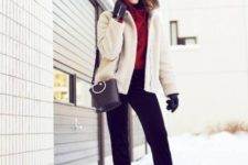 With red hoodie, black boots, black bag and white hooded jacket