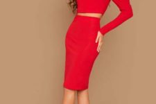 With red pencil skirt and black ankle strap heels