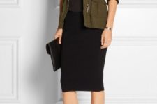 With shirt, black pencil skirt, black clutch and olive green jacket