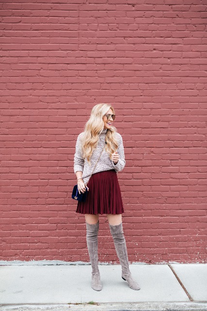With sweater, gray suede over the knee boots and black chain strap bag