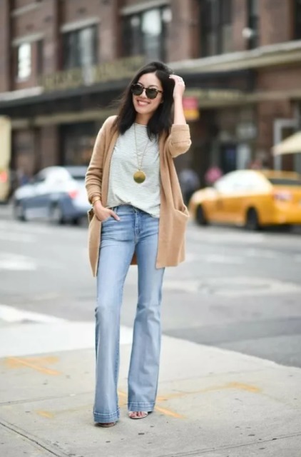 With t-shirt, light brown cardigan and cutout shoes