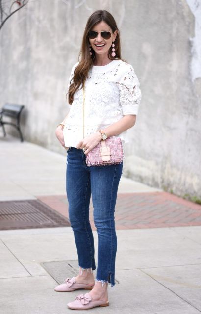 With white lace shirt, cropped jeans and pale pink mules