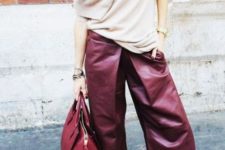 a blush cashmere sweater, burgundy leather culottes, blush shoes and a red bag for a fall outfit