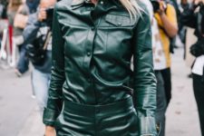 a dark green leather shirt and matching pants compose one of the hottest looks for this spring
