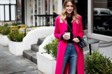 03 a black top, blue straight jeans, black booties, a hot pink coat and a crossbody for a casual Valentine look