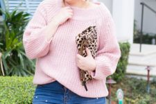 07 a casual and tender look with a blush one shoulder sweater, pearly denim, a leopard clutch