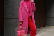 11 a pink turtleneck sweater, red cropped pants, red shiny shoes, a pink coat and a creative bag