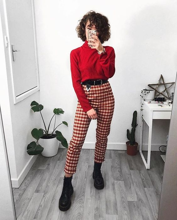 a red turtleneck sweater, red plaid pants, black boots for a casual and warm Valentine look