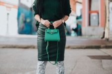 With emerald sweater, emerald leather pencil skirt and green bag