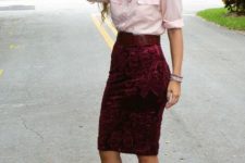 With pale pink button down shirt and black patent leather pumps