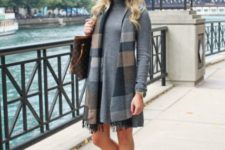 With plaid scarf, printed tote bag and black fringe ankle boots