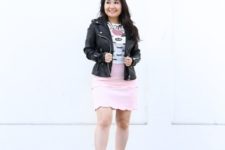 With printed t-shirt, black leather jacket and black platform cutout shoes