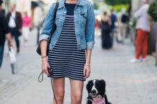 With white and navy blue striped mini dress, denim jacket and bag