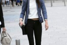 With white cropped shirt, black skinny pants, blazer and bag