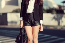 With white shirt, black blazer, tote bag and leopard ankle boots
