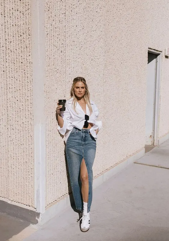 a classy spring look with a white button down, a blue denim maxi, sneakers and socks are all you need for spring