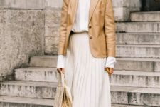 a modest spring work look with a white shirt, a neutral pleated midi, neutral boots, a tan leather blaer and a snakeskin bag