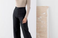 a neutral long sleeve top, black high waisted trousers, brown square toe booties