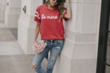 15 a red printed tee, blue ripped jeans, red suede slipper mules for a casual sporty look