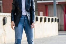 a simple spring look with a white tee, blue skinnies, silver shoes and a black leather blazer