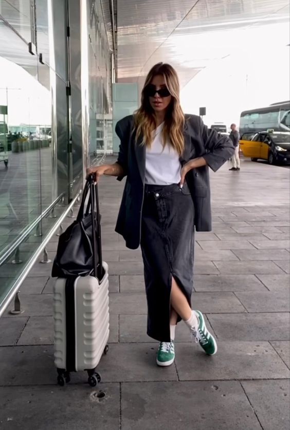 a white tee, a grey oversized blazer, a black denim maxi skirt, green Samba sneakers and a black tote for spring