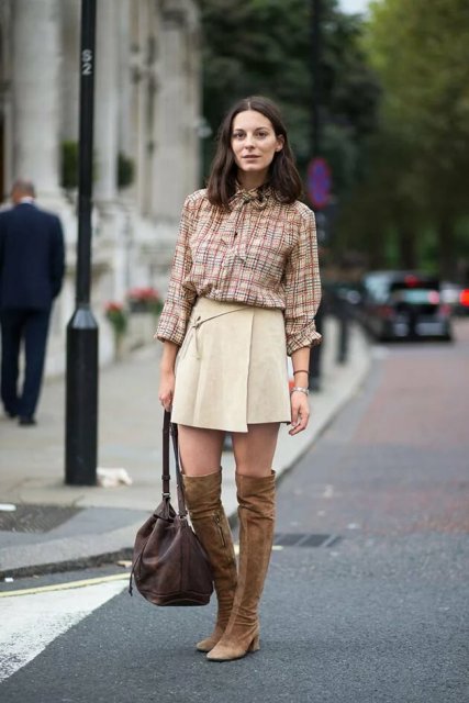 With checked blouse, bag and over the knee boots