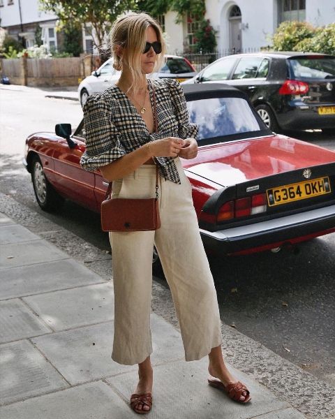 With checked blouse, brown crossbody bag and brown flat sandals