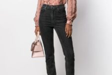 With dark gray jeans, white flat boots and pale pink bag