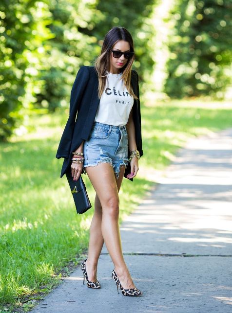 With labeled t shirt, navy blue blazer, denim shorts and clutch