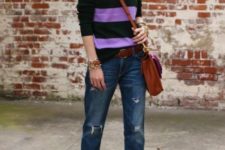 With lilac and green sweater, cuffed jeans, platform shoes and crossbody bag