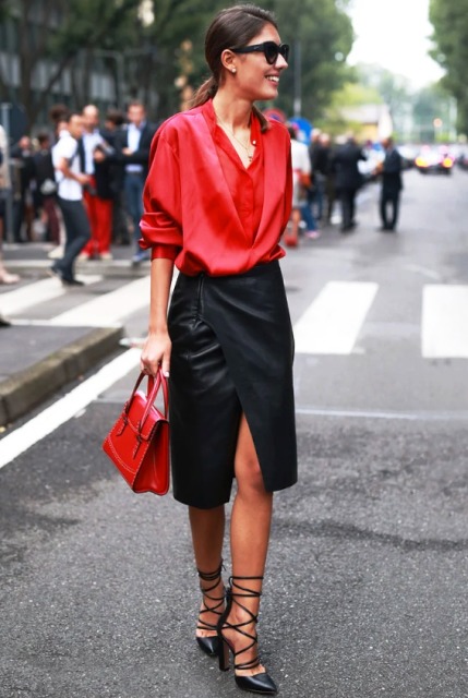 With red wrapped blouse, red bag and black lace up high heels