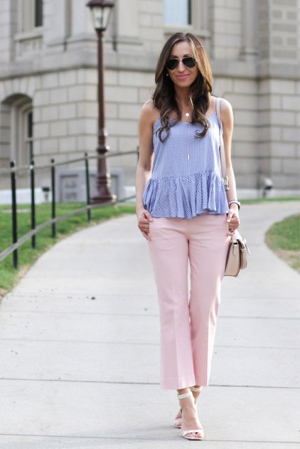 With ruffled shirt, bag and white high heels