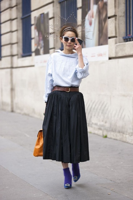 With striped shirt, brown belt, brown bag, lilac socks and embellished shoes