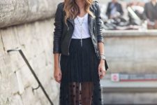 With white top, wide brim hat, leather jacket and ankle boots